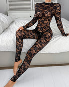 Black floral lace unitard jumpsuit. Sexy, comfortable lingerie with unique floral design.
