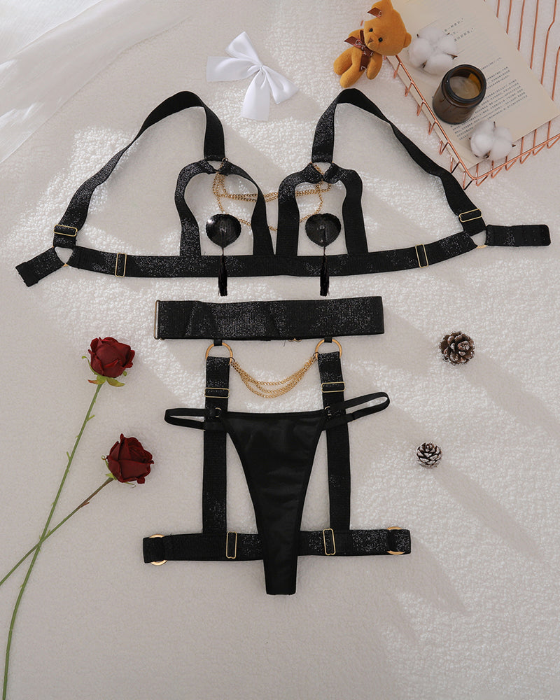 Black metal chain bra and panty set, romantic night lingerie, unique design, Valentine's Day