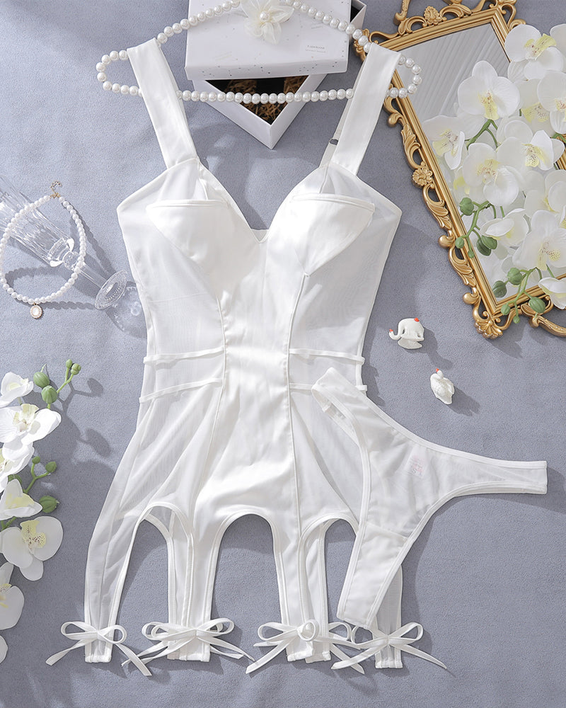 White satin mini dress with open cups and garter straps, ideal for special occasions