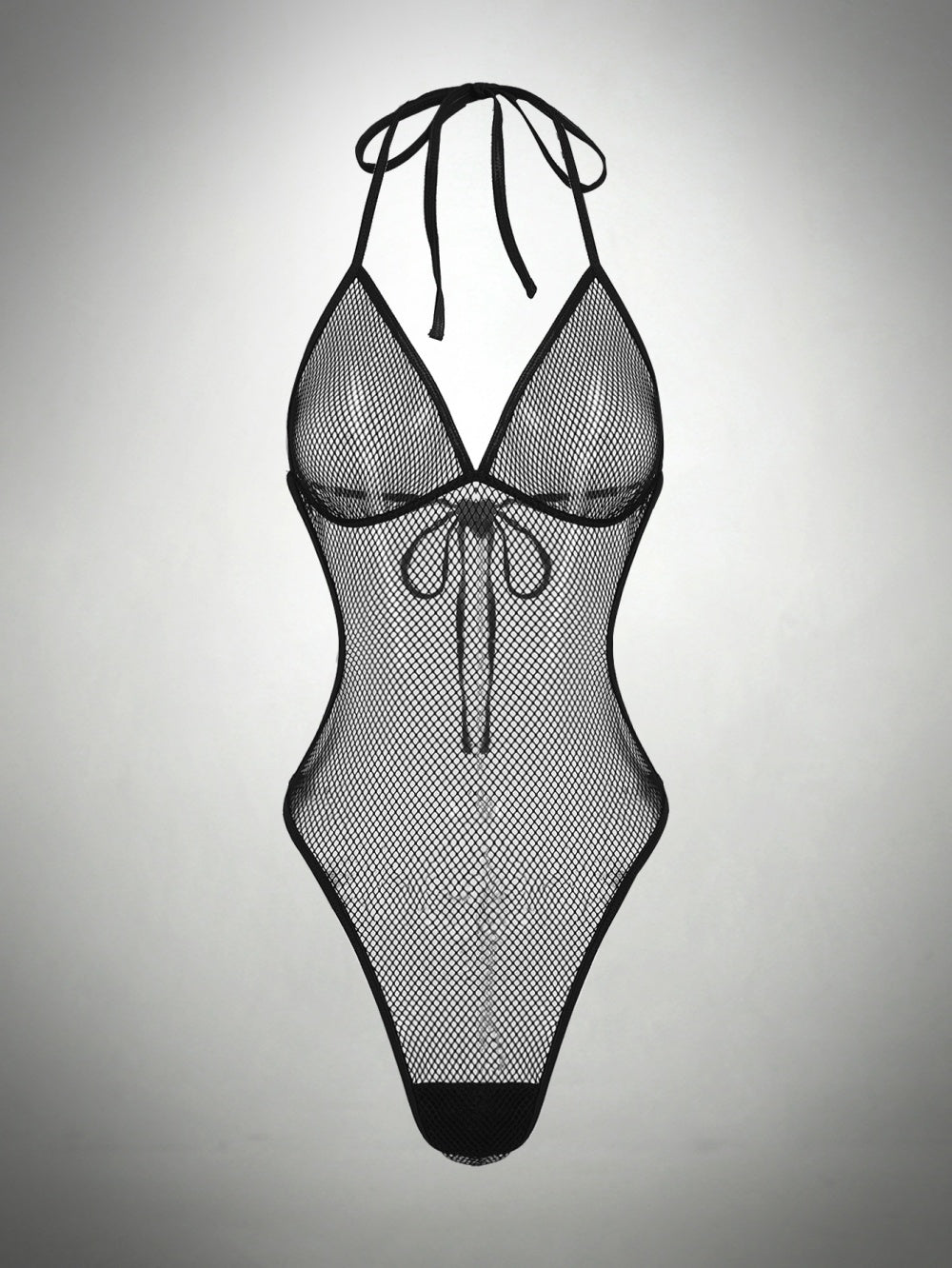 Black fishnet halter neck backless mini bodysuit, perfect for a wedding night or special occasion