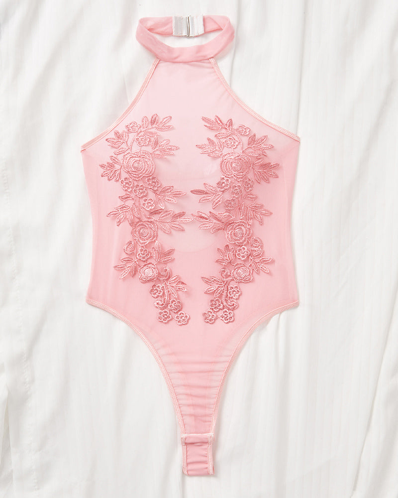 Mesh sheer floral embroidered bodysuit in pink, halter neck design, sensual and confident lingerie