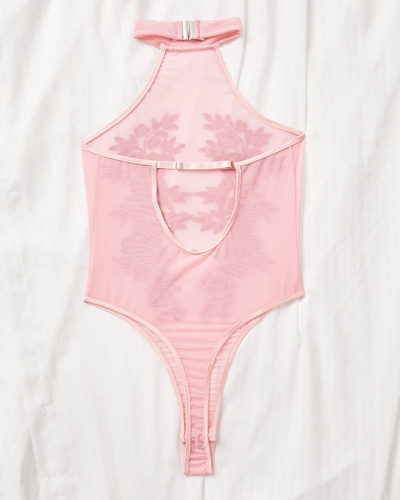 Pink mesh floral embroidered bodysuit, halter neck design, sensual lingerie for confident look