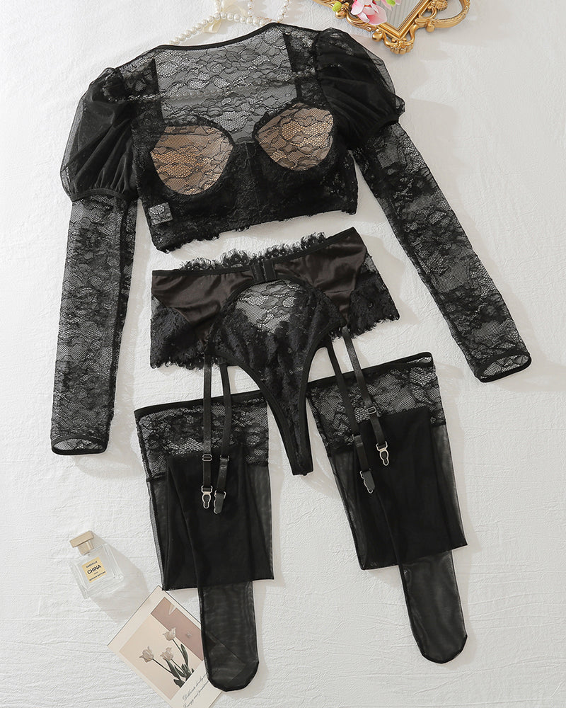 Black lace long sleeve lingerie set with stockings. Ideal for romantic nights.