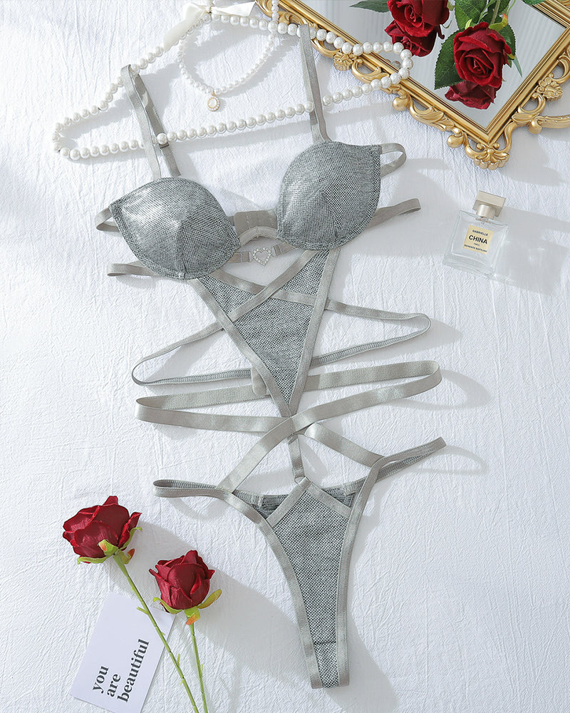 Silver strappy teddy bodysuit, chain detail, thong back, you are beautiful lingerie
