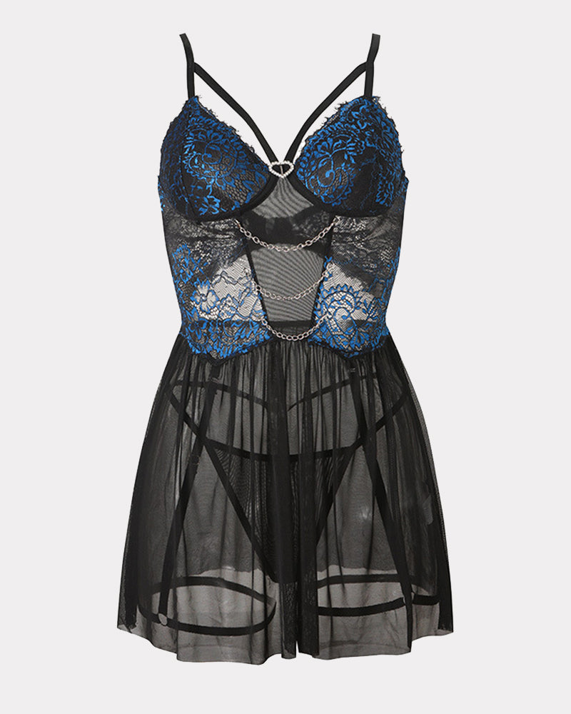 Black lace babydoll lingerie with blue lace, chain detail, and garter belt for a sexy look