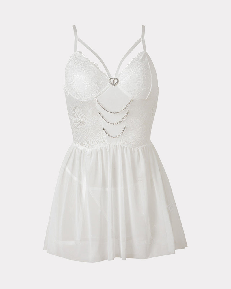 White lace babydoll lingerie with chain detail, push-up cups, and garter belt for a sexy look.