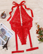 Red lace halter bodysuit with deep V-neck, adjustable straps, and garter straps; sexy lingerie.