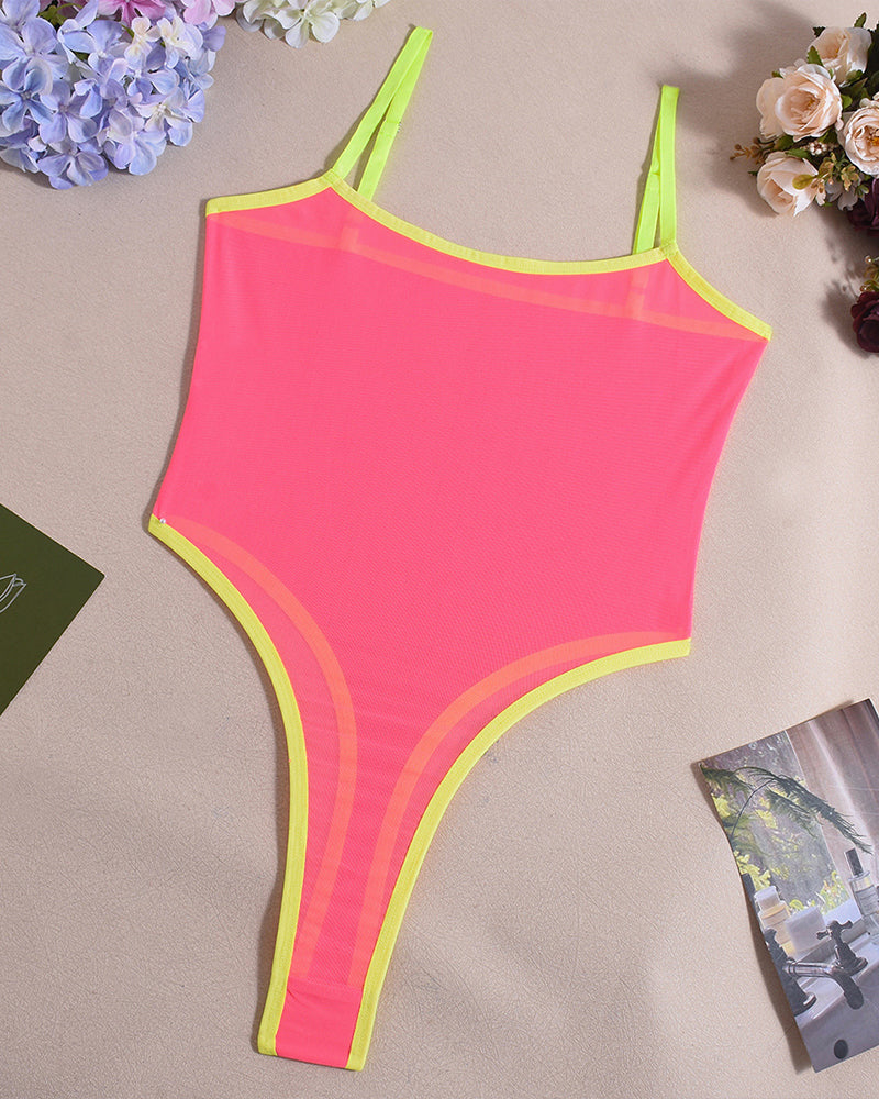 Neon pink mesh bodysuit with yellow trim. Sexy lingerie, high-cut design for date nights.