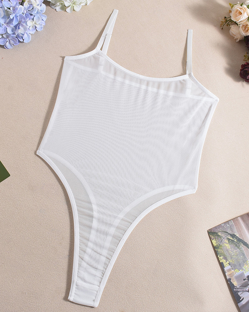 White mesh sheer bodysuit with spaghetti straps. Sexy lingerie, high-cut design for date nights.