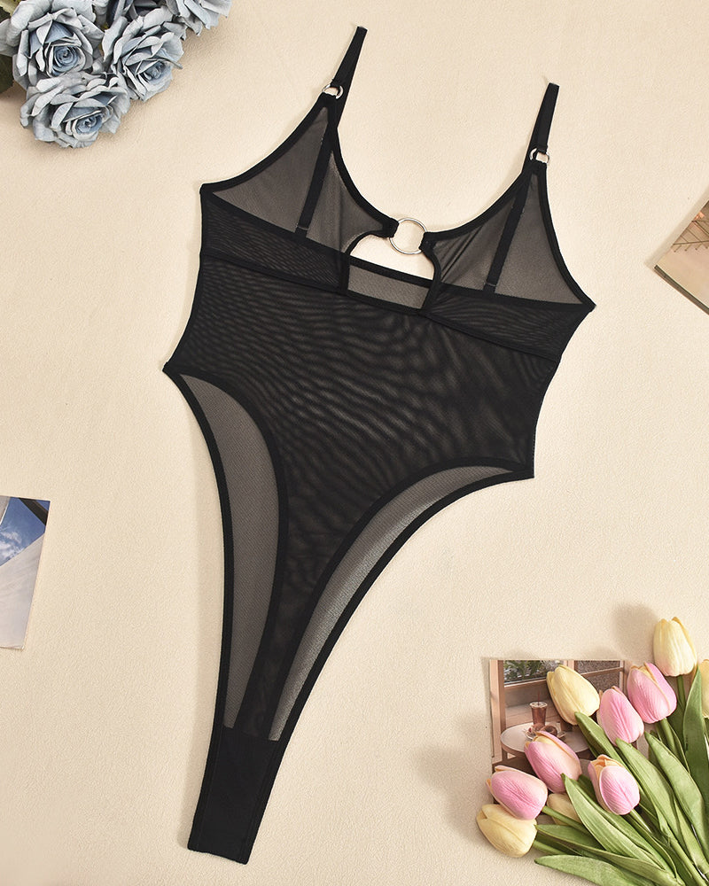 Black mesh bodysuit with ring detail, flattering silhouette, perfect for date night or honeymoon.