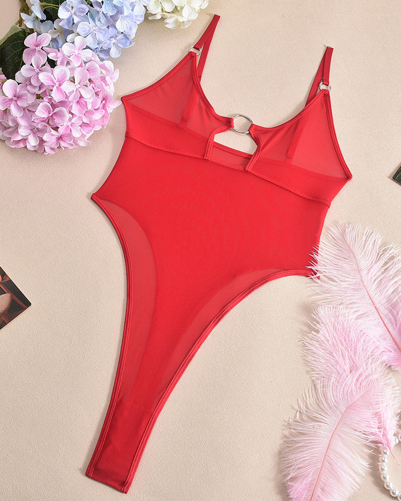 Red mesh bodysuit with ring detail, flattering silhouette, perfect for date night or honeymoon.