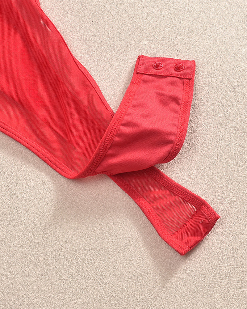 Red mesh bodysuit bottom detail, breathable mesh fabric, button closure, perfect for date night.