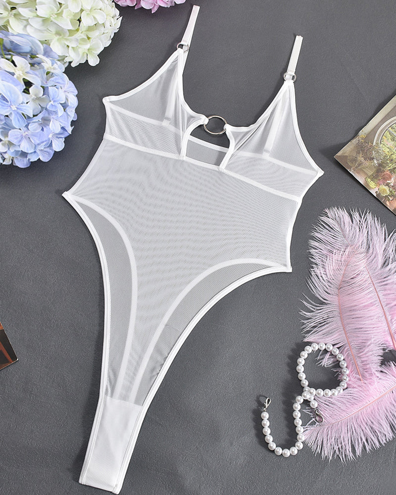 White mesh bodysuit with ring detail, keyhole design, flattering silhouette, perfect for date night.