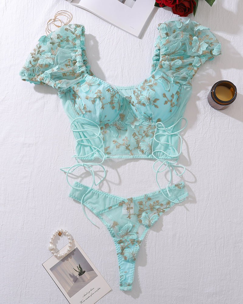 Sheer light blue floral embroidery lingerie set with puff sleeves, ideal for romantic nights
