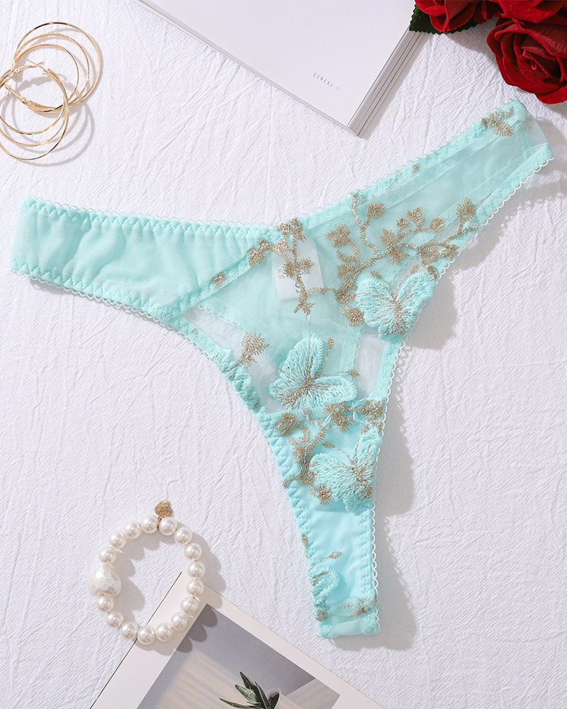 Sheer light blue floral embroidery thong panty, perfect for romantic nights and special occasions