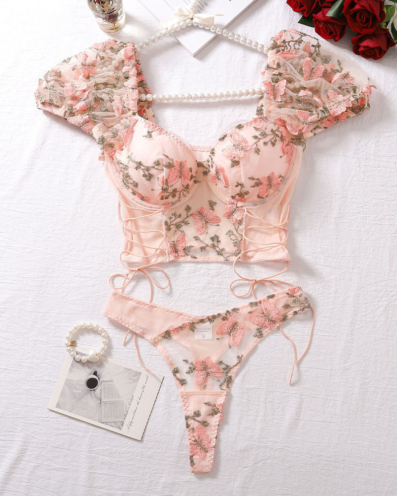 Pink floral embroidered lingerie set with puff sleeves, ideal for romantic nights