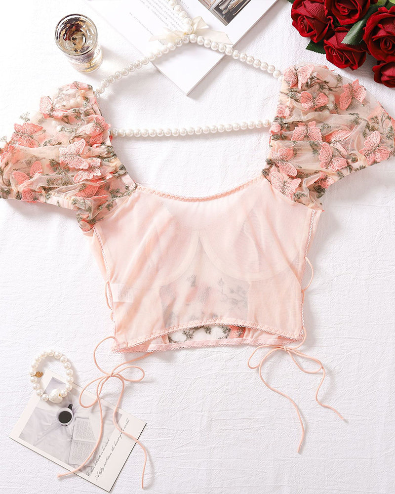 Sheer pink floral embroidery lingerie top with puff sleeves, ideal for romantic nights.