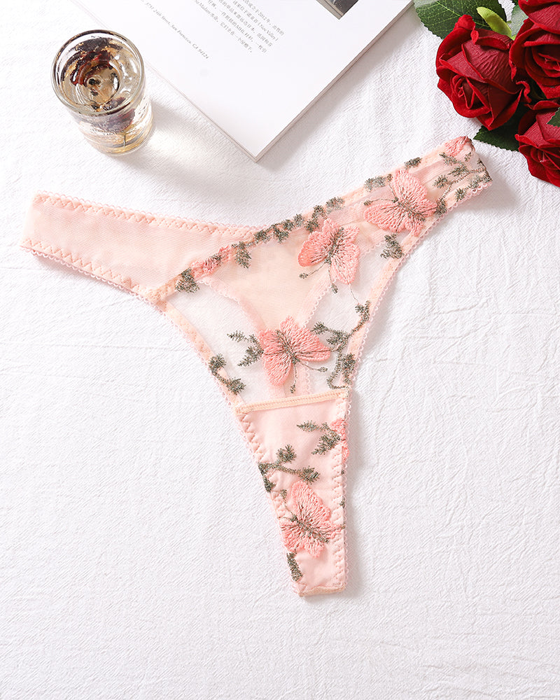 Pink floral embroidery thong panty, ideal for romantic nights and special occasions