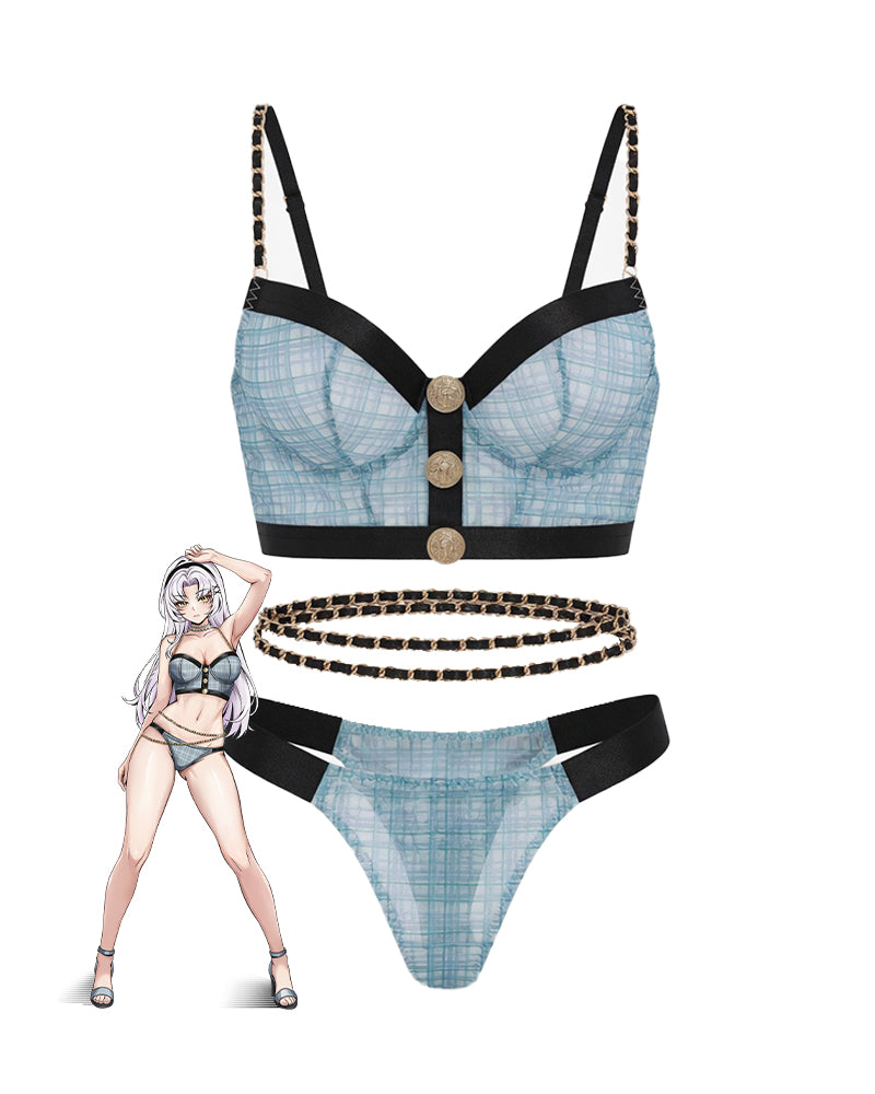 Blue plaid lingerie bra and thong set with black straps and gold waist chain