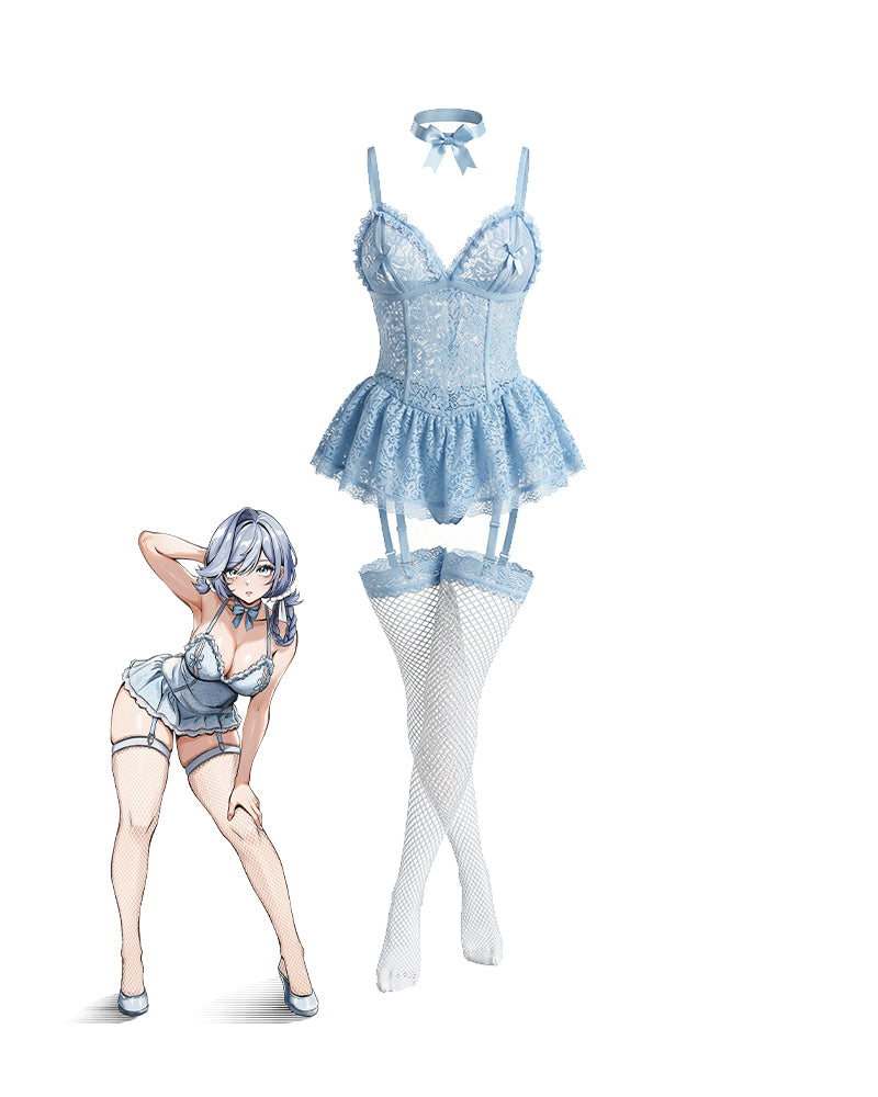 Sky blue floral lace babydoll with bow choker, garter belt, and fishnet stockings.
