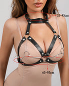 Black leather chest harness with collar, chain straps, and V-shaped front rings