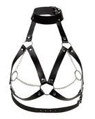 Black leather collar harness with buckle straps and silver chain loops