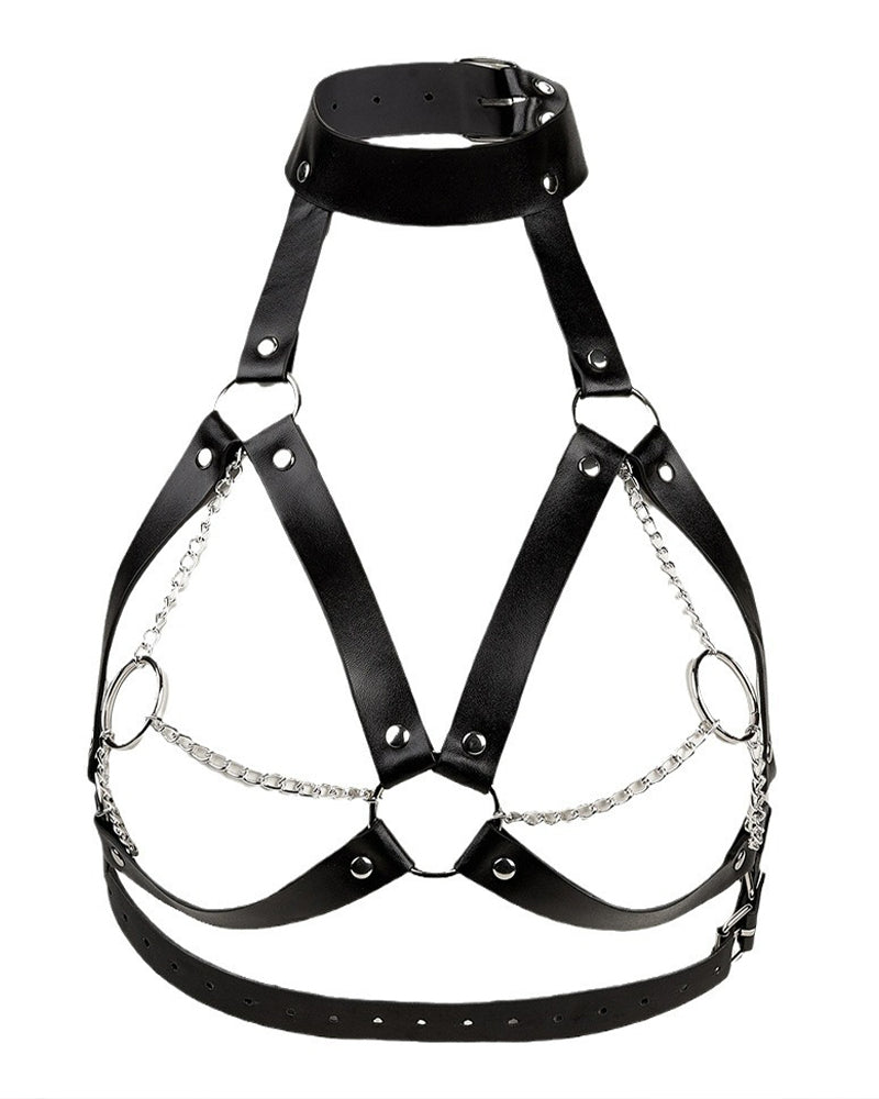 Black leather collar harness with buckle straps and silver chain loops