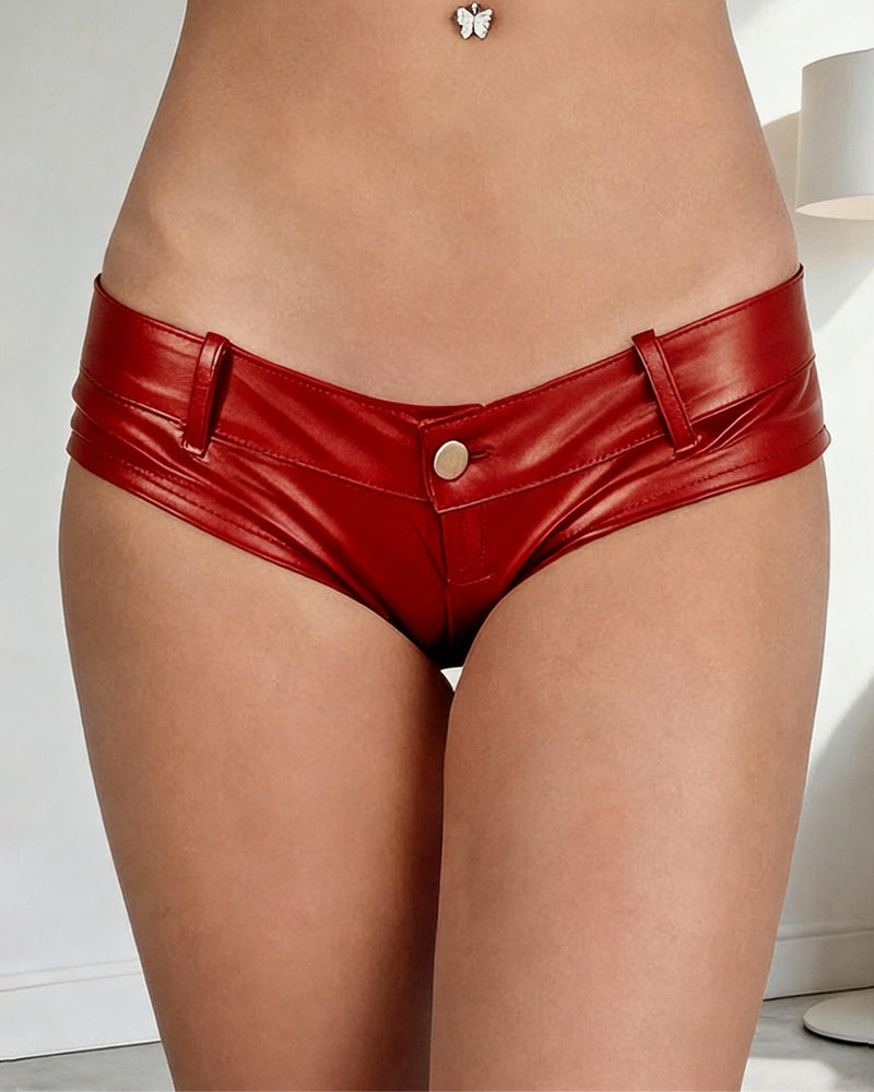 Red faux leather low rise booty shorts, snap front and wide waistband