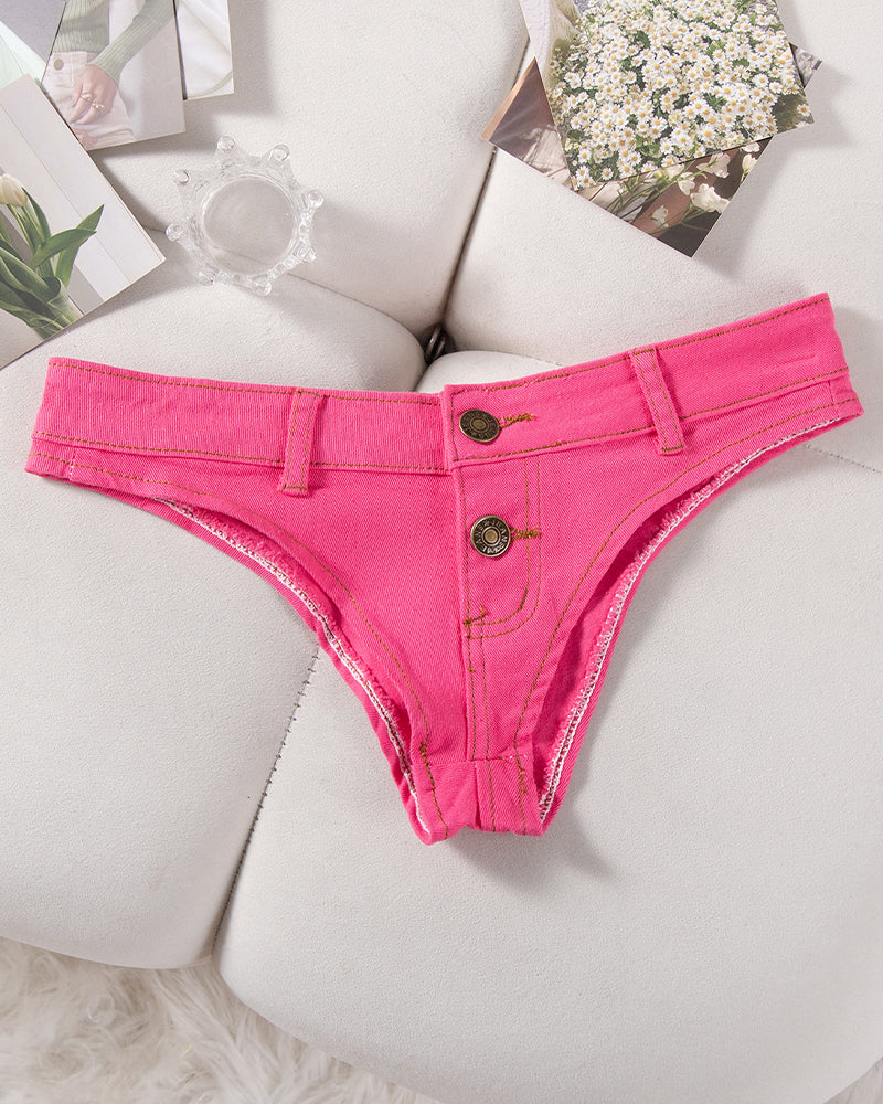 Denim thong low-rise panties in rose red, flat lay with button placket