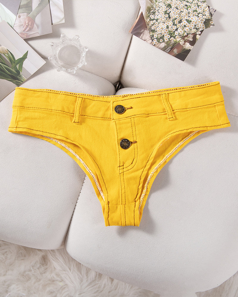 Denim thong low-rise panties in yellow, flat lay with two gold snaps