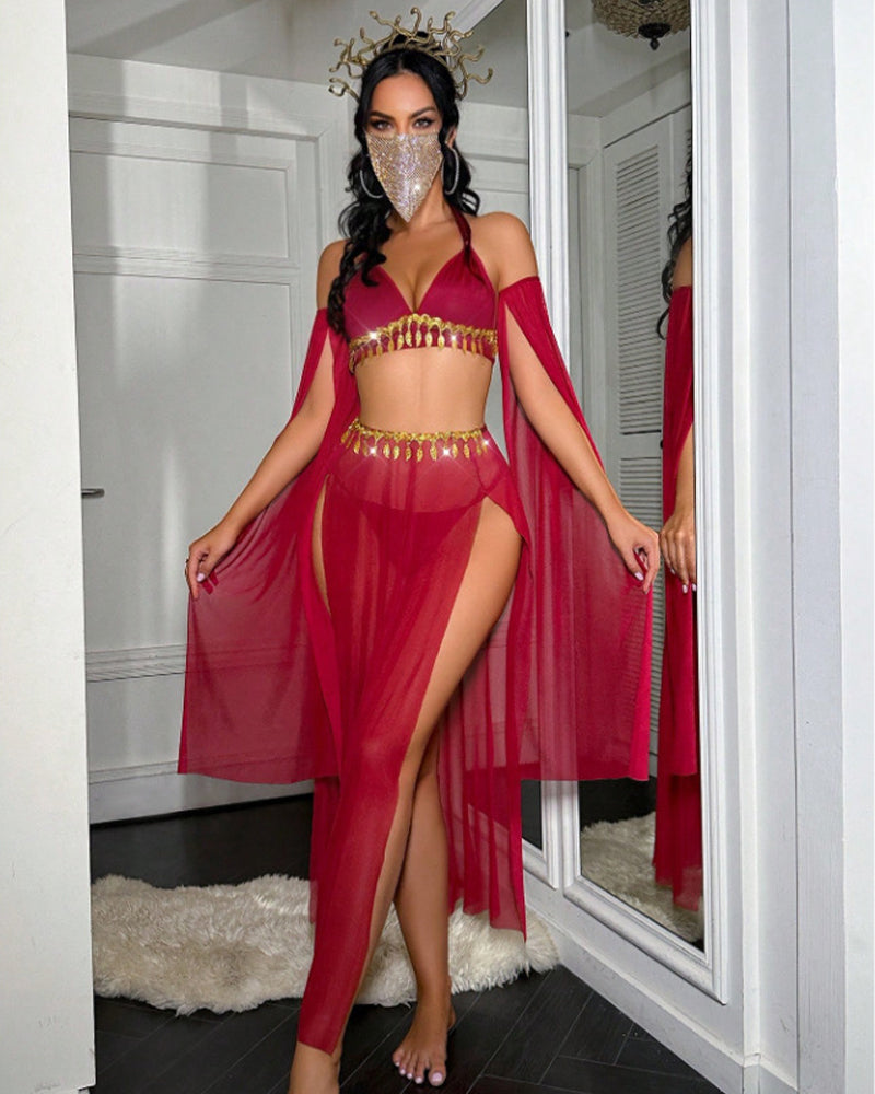 Red sheer halter lingerie set with gold tassel trim, high-slit skirt and arm sleeves