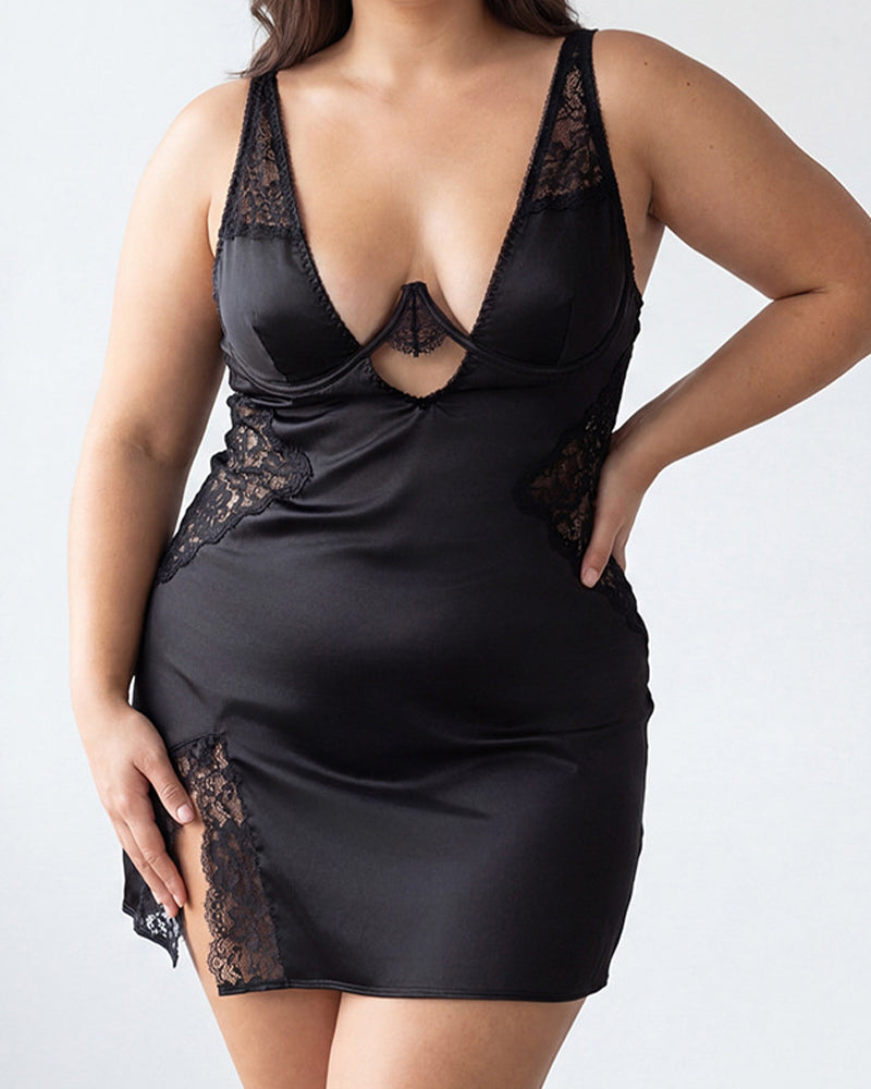 Black satin lace chemise slip dress with deep V neckline and lace panel detail