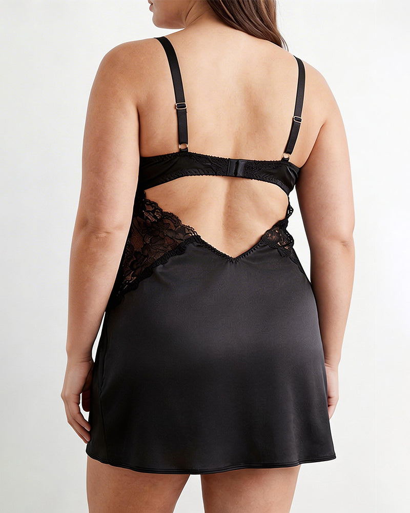 Black satin chemise slip dress with lace back cutout and adjustable shoulder straps