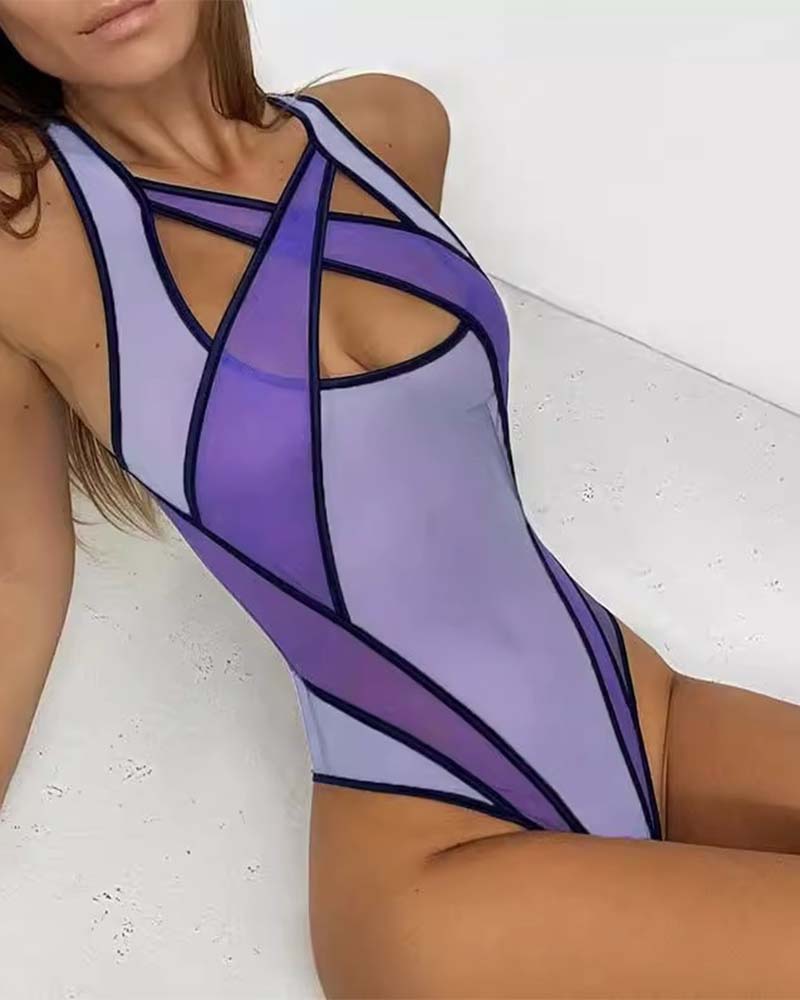 Light purple mesh halter bodysuit with crisscross straps and deep front cutout