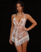 White floral lace sheer mesh babydoll lingerie with fringe hem and floral cup appliqués