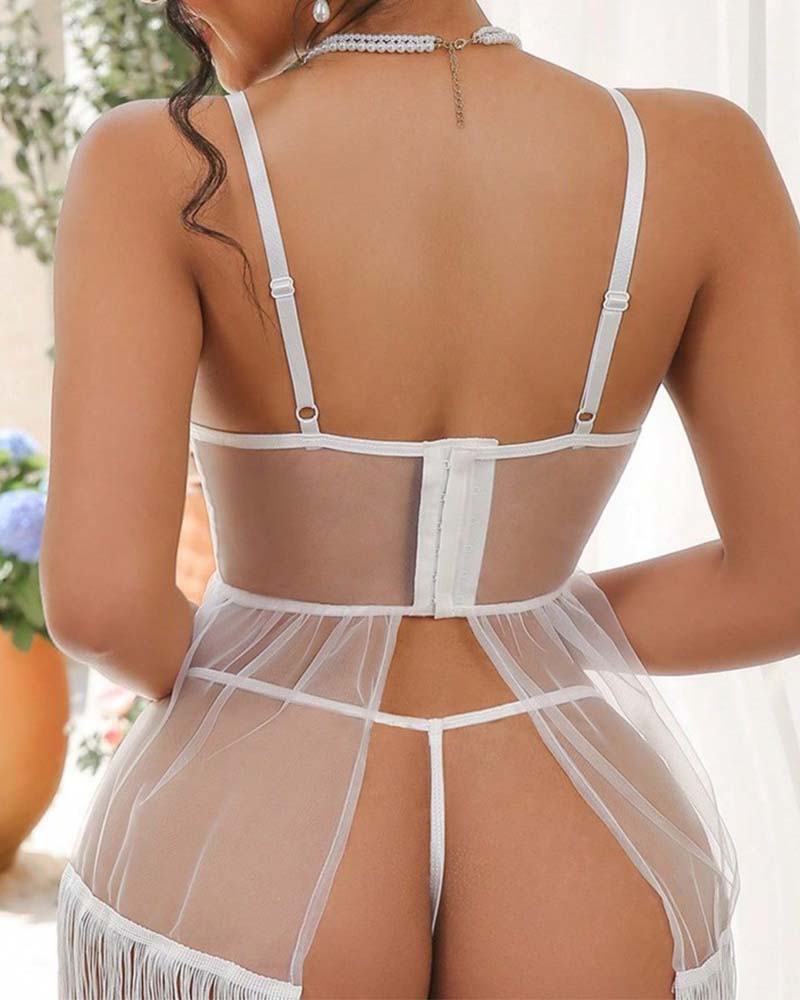 White sheer mesh babydoll lingerie with racer back straps and crisscross elastic