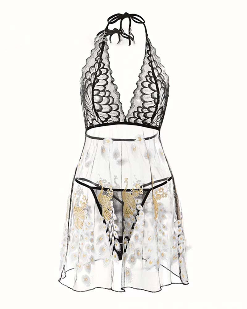 Lace-trim babydoll lingerie with black halter top and sheer skirt with golden motifs