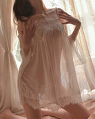 Sheer mesh babydoll lingerie with lace trim and off-shoulder draped sleeves