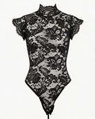 Black floral lace bodysuit with scalloped high neck and sheer lace fabric