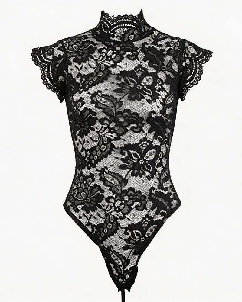 Black floral lace bodysuit with scalloped high neck and sheer lace fabric