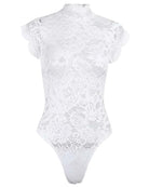 White floral lace bodysuit with scalloped high neck and lace overlay
