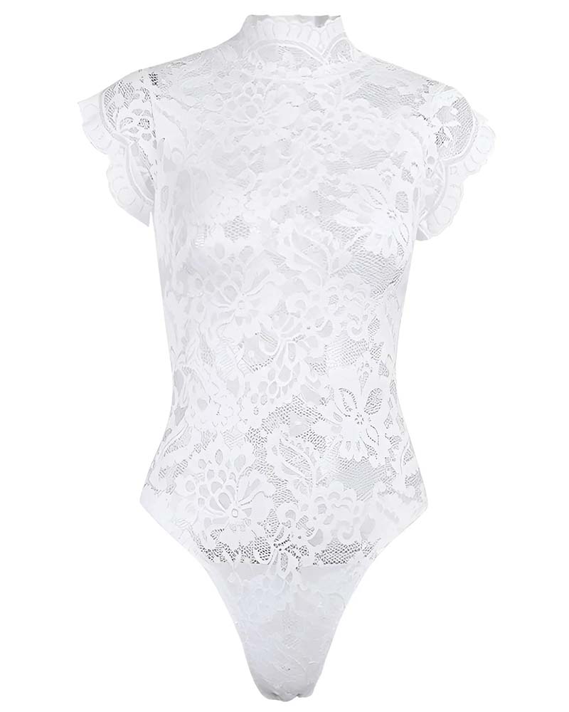 White floral lace bodysuit with scalloped high neck and lace overlay