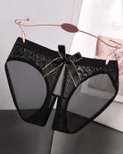 Sheer mesh bow high-cut panties in black satin, front bow and sheer side panels