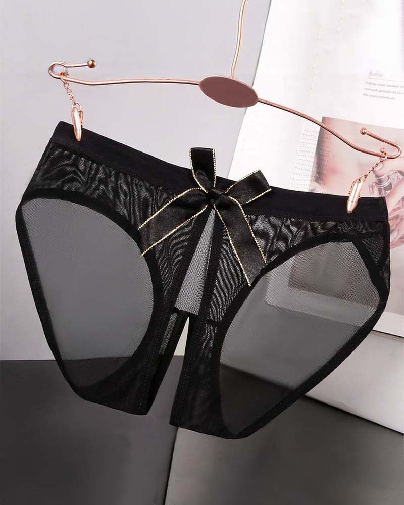 Sheer mesh bow high-cut panties in black satin, front bow and sheer side panels