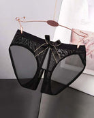Sheer mesh bow high-cut panties in black satin, scalloped front with lace-like sides