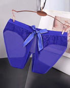 Sheer mesh bow high-cut panties in royal blue satin, center bow with sheer panels