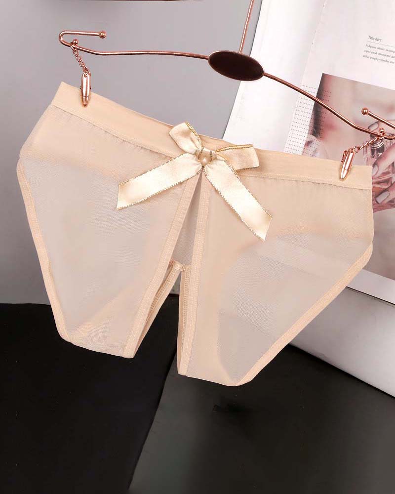 Sheer mesh bow high-cut panties in light khaki satin, ribbon bow at center front