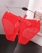 Sheer mesh bow high-cut panties in red satin, large ribbon bow at front