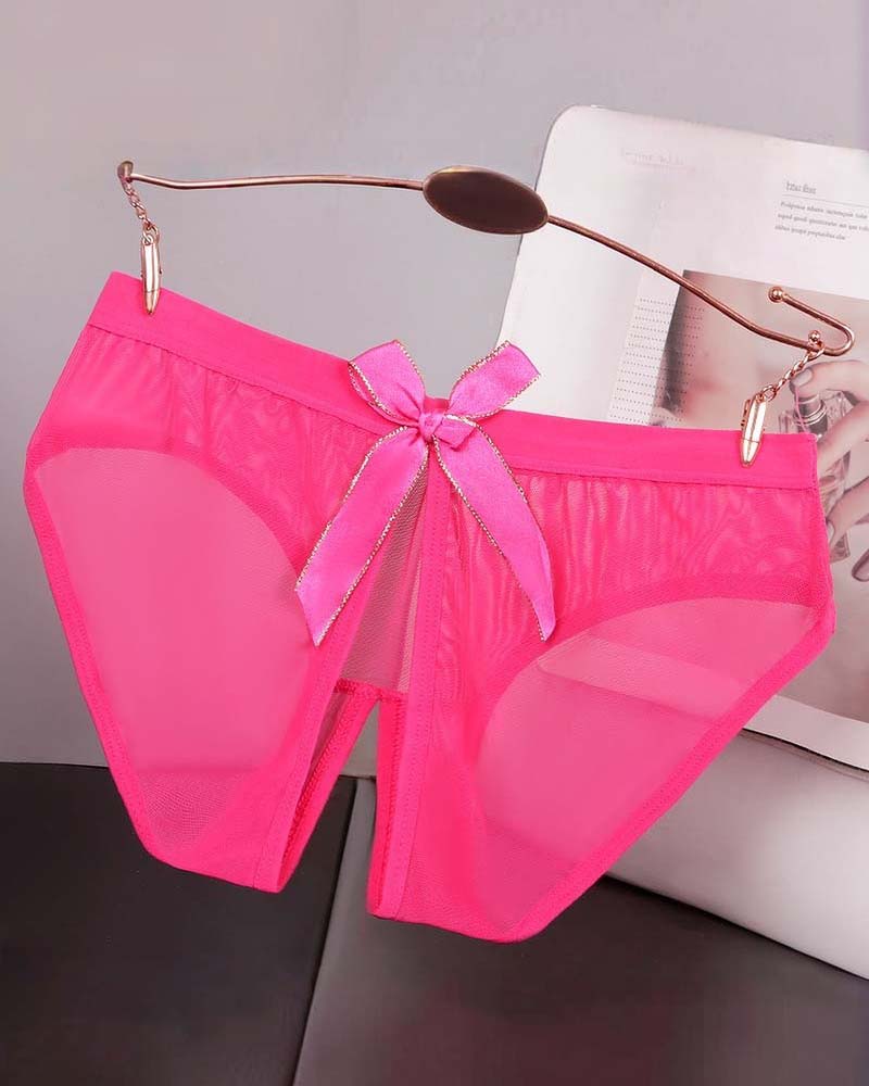 Sheer mesh bow high-cut panties in rose pink satin, bow at center front