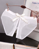 Sheer mesh bow high-cut panties in white satin, wide bow at center front